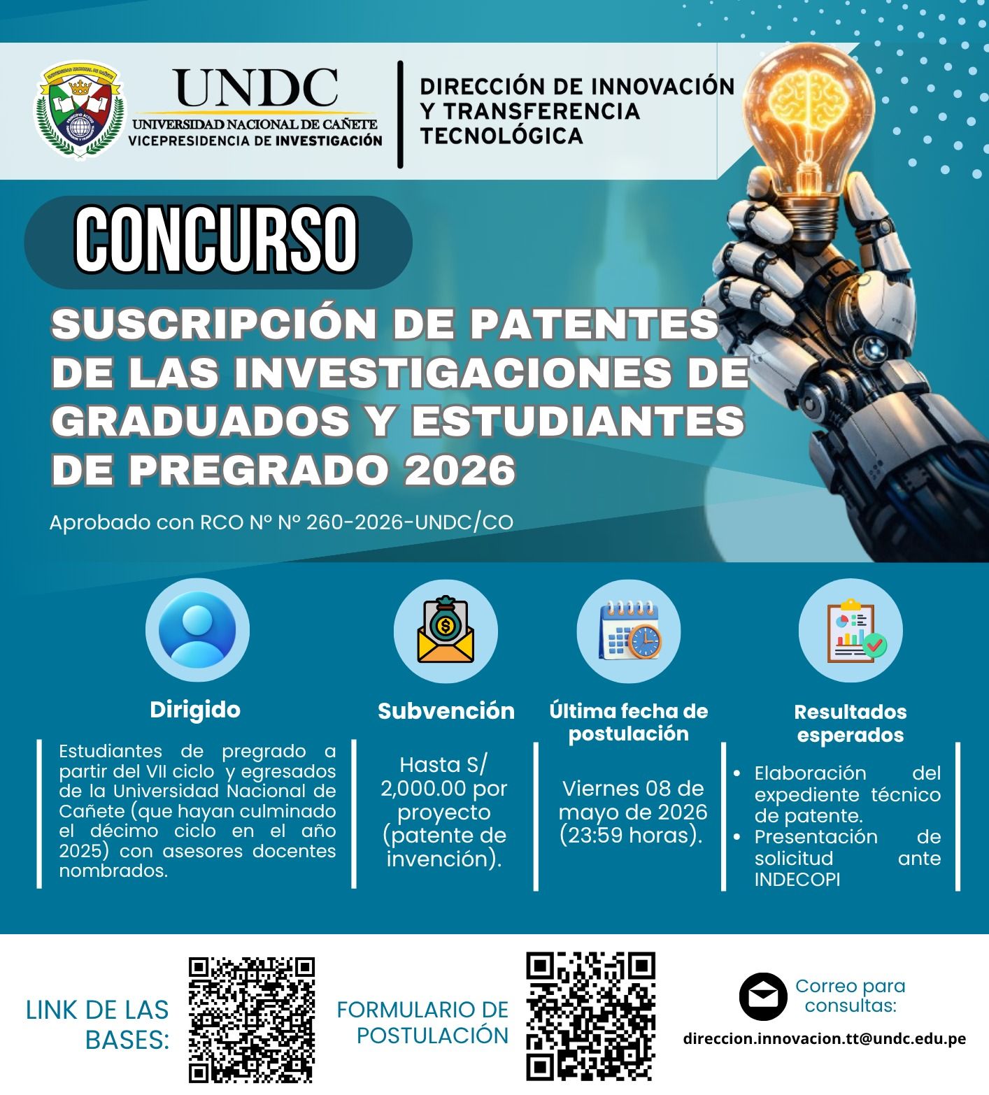 AMPLIACIÓN DE PLAZO DE POSTULACIÓN AL CONCURSO DE SUSCRIPCIÓN DE PATENTES 2026 HASTA EL 08 DE MAYO